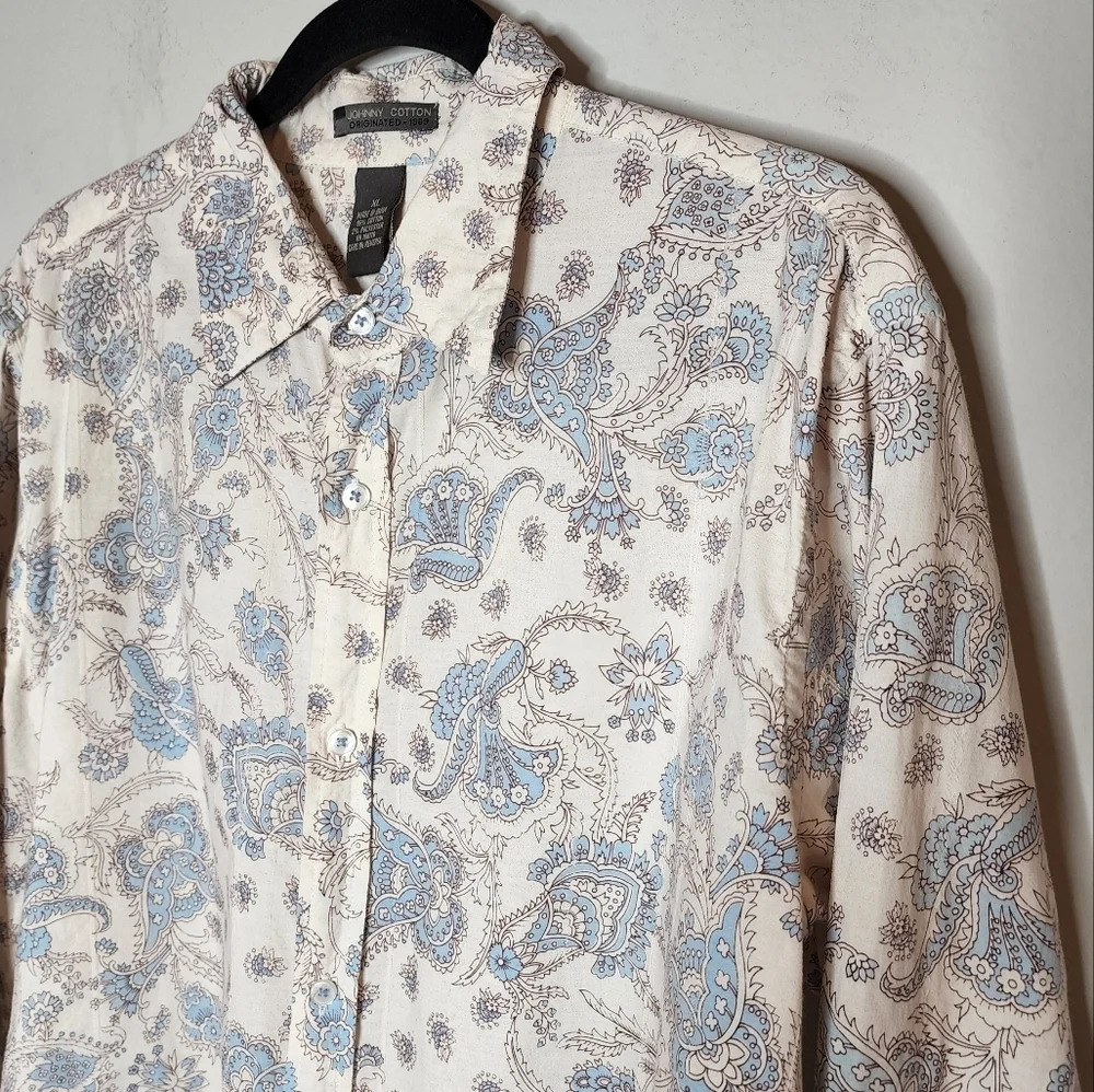 Johnny Cotton Long Sleeve Button Up Shirt Blue Cream Floral Mens Size XL‎